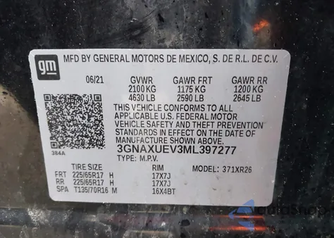 2021 Chevrolet Equinox Awd Lt from USA, damaged, VIN 3GNAXUEV3ML397277